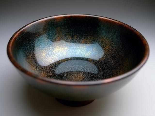 Shallow Raku fired serving bowl with intricate crackle glaze and metallic sheen, Krummholz Ceramics
