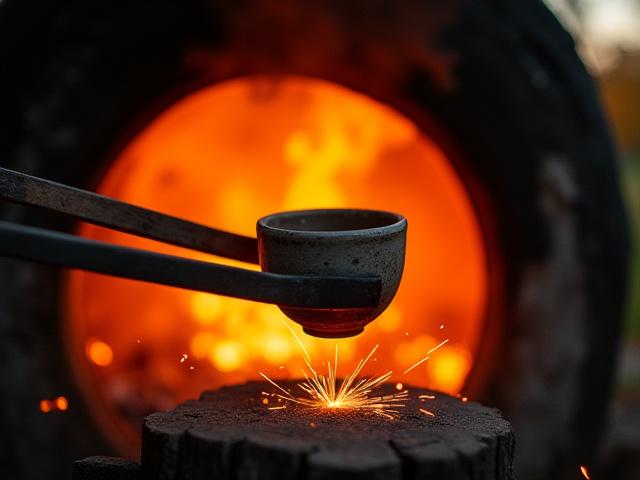 Pottery being removed from a fiery Raku kiln with tongs, glowing with heat and smoke.