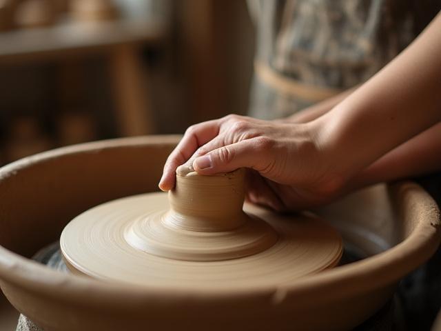Person's hands on a pottery wheel, shaping clay, with tools and water nearby.